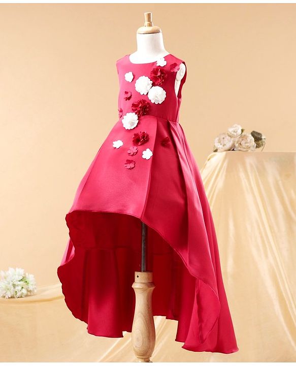 Babyhug Party Wear Sleeveless High Low Frock Floral Appliques - Red