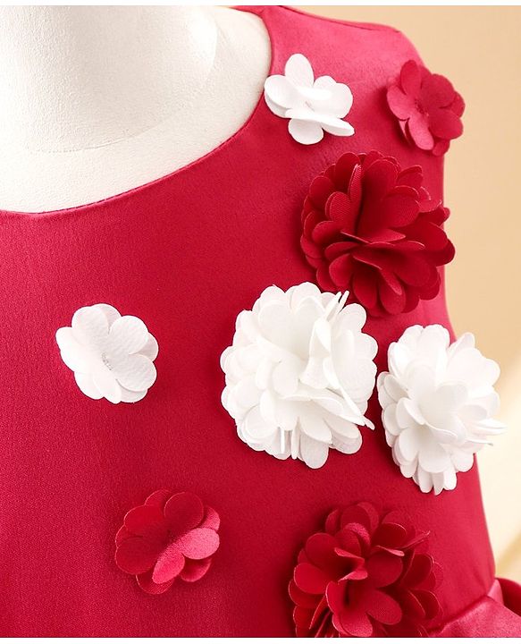 Babyhug Party Wear Sleeveless High Low Frock Floral Appliques - Red