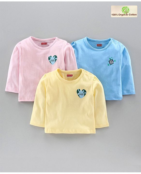 Babyhug Organic Cotton Full Sleeves Tee Heart Print Pack of 3 - Blue Pink Yellow