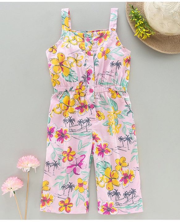 Babyhug Full Length Jumpsuit Floral Print - Pink