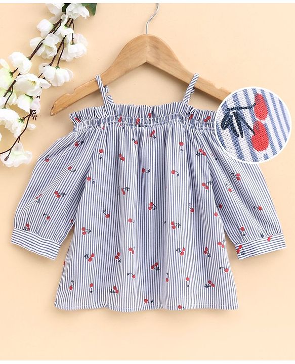 Babyhug Three Fourth Sleeves Off Shoulder Striped Top Cherry Print - Blue
