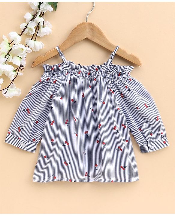 Babyhug Three Fourth Sleeves Off Shoulder Striped Top Cherry Print - Blue