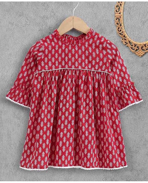 Babyhug Three Fourth Sleeves Ethnic Dress Leaves Print - Red