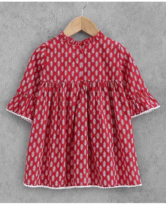 Babyhug Three Fourth Sleeves Ethnic Dress Leaves Print - Red