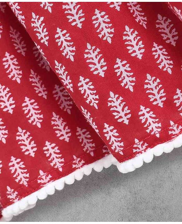 Babyhug Three Fourth Sleeves Ethnic Dress Leaves Print - Red