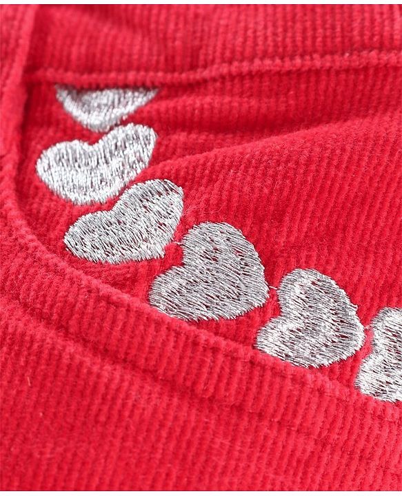 Babyhug Full Length Corduroy Pant Heart Embroidered - Red