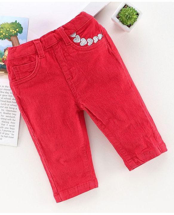Babyhug Full Length Corduroy Pant Heart Embroidered - Red