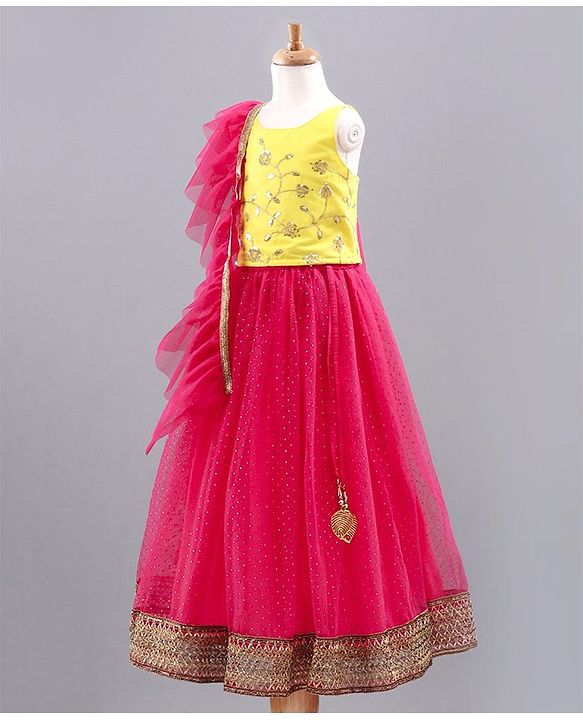 Babyhug Singlet Sleeves Choli with Lehenga & Dupatta Floral Sequin Embellishment - Yellow Pink