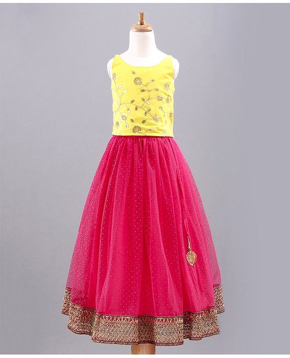 Babyhug Singlet Sleeves Choli with Lehenga & Dupatta Floral Sequin Embellishment - Yellow Pink
