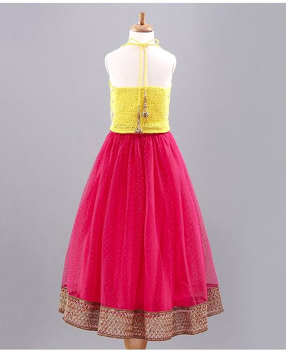 Babyhug Singlet Sleeves Choli with Lehenga & Dupatta Floral Sequin Embellishment - Yellow Pink