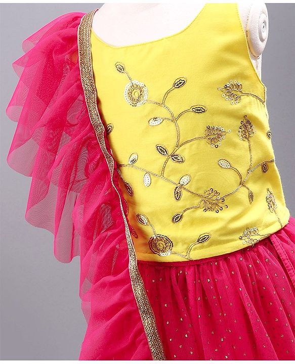 Babyhug Singlet Sleeves Choli with Lehenga & Dupatta Floral Sequin Embellishment - Yellow Pink