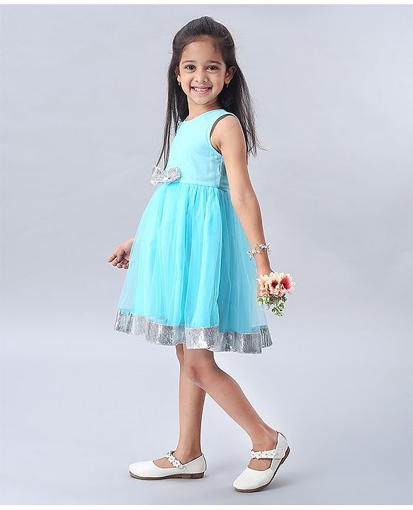 Babyhug Sleeveless Frock with Sequin Bow & Hem - Blue