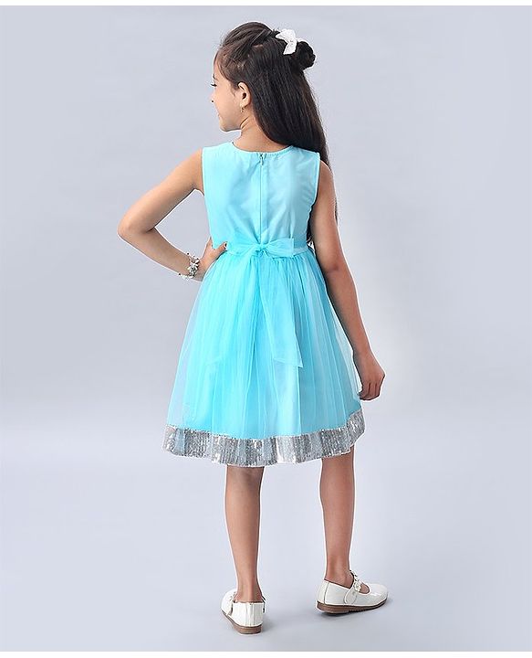 Babyhug Sleeveless Frock with Sequin Bow & Hem - Blue