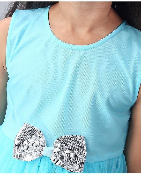Babyhug Sleeveless Frock with Sequin Bow & Hem - Blue