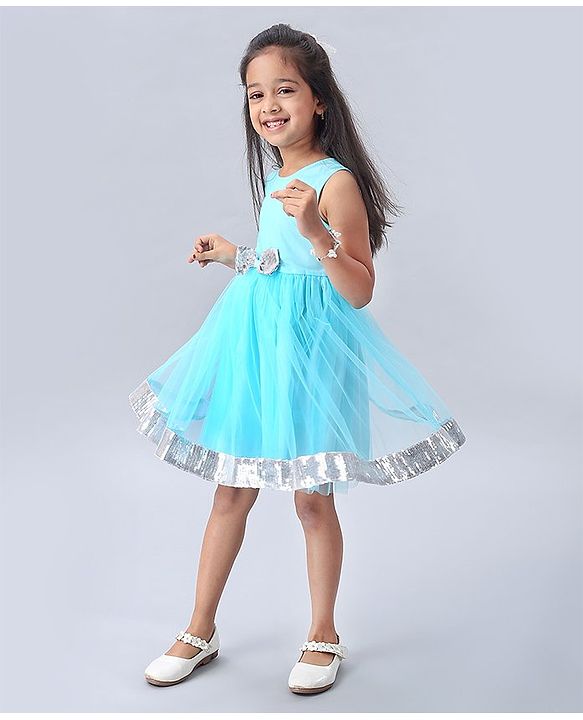 Babyhug Sleeveless Frock with Sequin Bow & Hem - Blue
