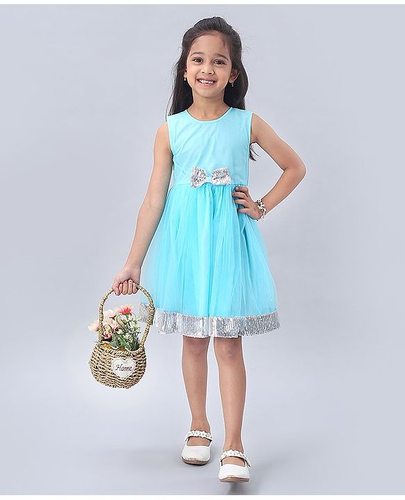 Babyhug Sleeveless Frock with Sequin Bow & Hem - Blue