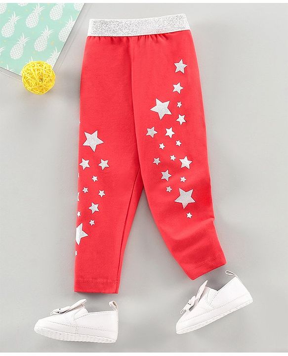 Babyhug Full Length Leggings Glitter Star Print - Red