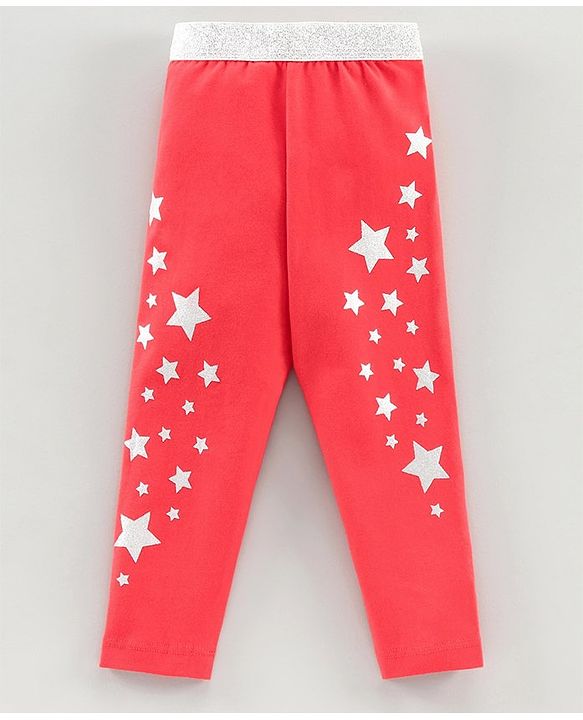 Babyhug Full Length Leggings Glitter Star Print - Red