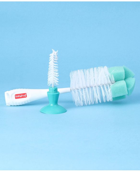 Babyhug 2-in-1 Bottle & Nipple Cleaning Brush with Flexible Bristles and Suction Base  Green | BPA Free | Easy Grip | 360° Cleaning Tool | Easy to Clean | Silicone Bristles | Anti Slip Handle