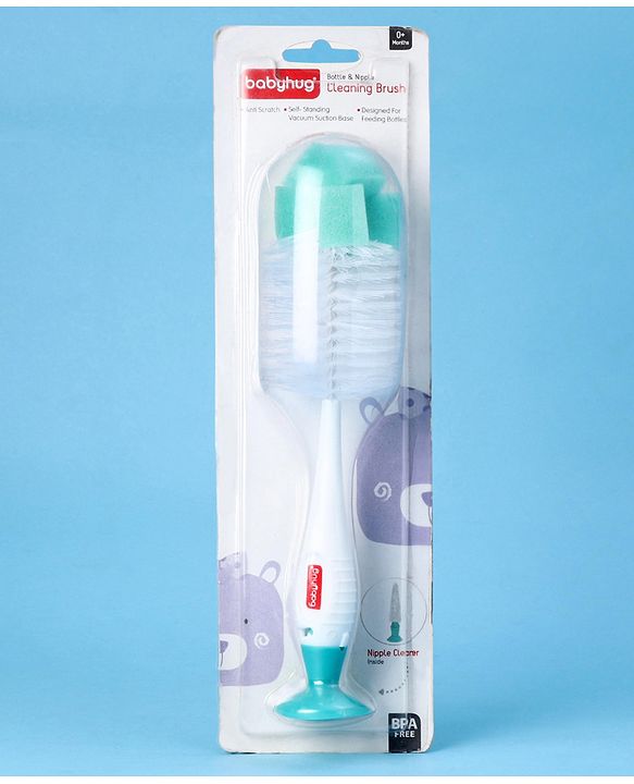 Babyhug 2-in-1 Bottle & Nipple Cleaning Brush with Flexible Bristles and Suction Base  Green | BPA Free | Easy Grip | 360° Cleaning Tool | Easy to Clean | Silicone Bristles | Anti Slip Handle