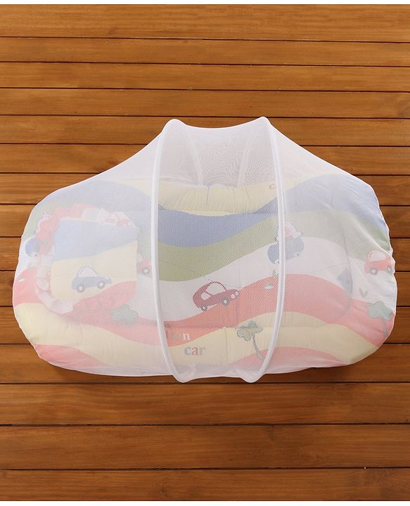 Babyhug Premium Gadda Set With Mosquito Net Orange - Mini Cars Print