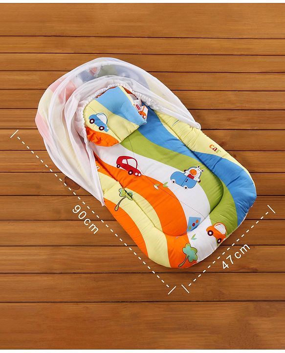 Babyhug Premium Gadda Set With Mosquito Net Orange - Mini Cars Print