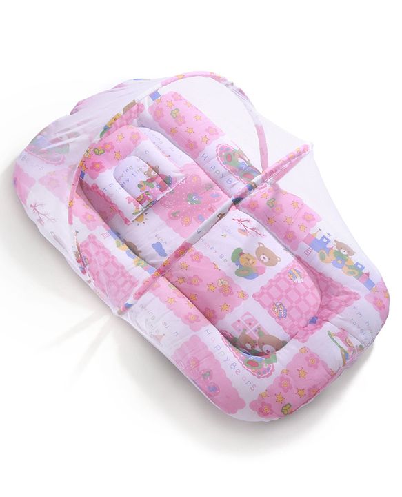 Babyhug Cotton Blend Mosquito Net With Mattress And Pillow Pink - Multi Print