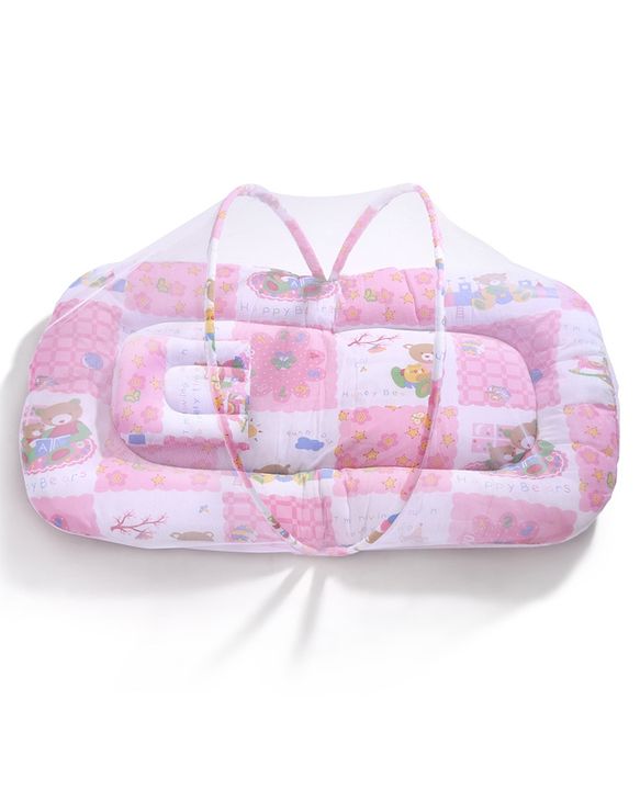 Babyhug Cotton Blend Mosquito Net With Mattress And Pillow Pink - Multi Print