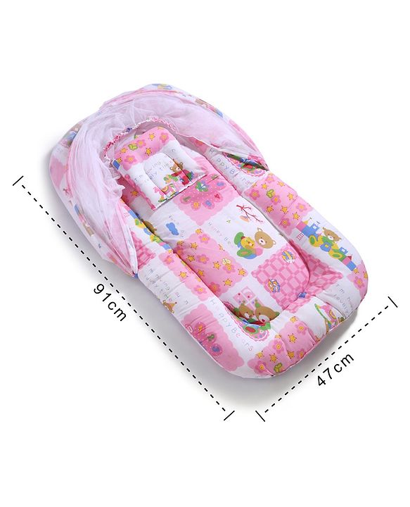 Babyhug Cotton Blend Mosquito Net With Mattress And Pillow Pink - Multi Print