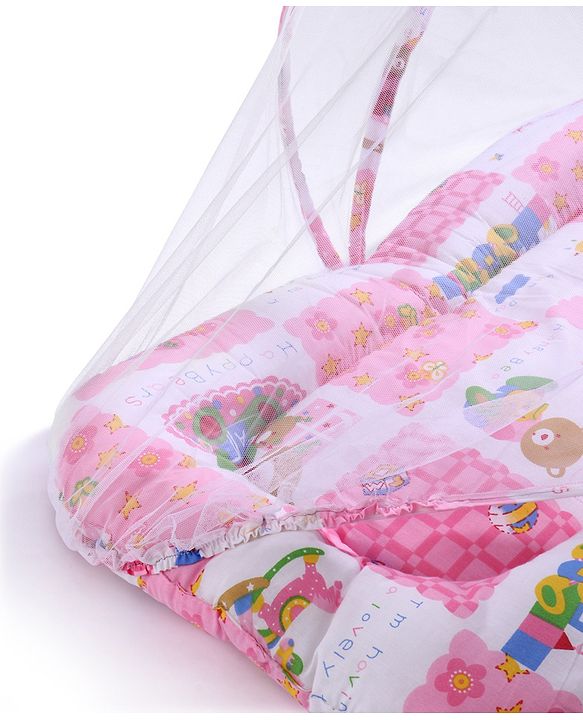 Babyhug Cotton Blend Mosquito Net With Mattress And Pillow Pink - Multi Print