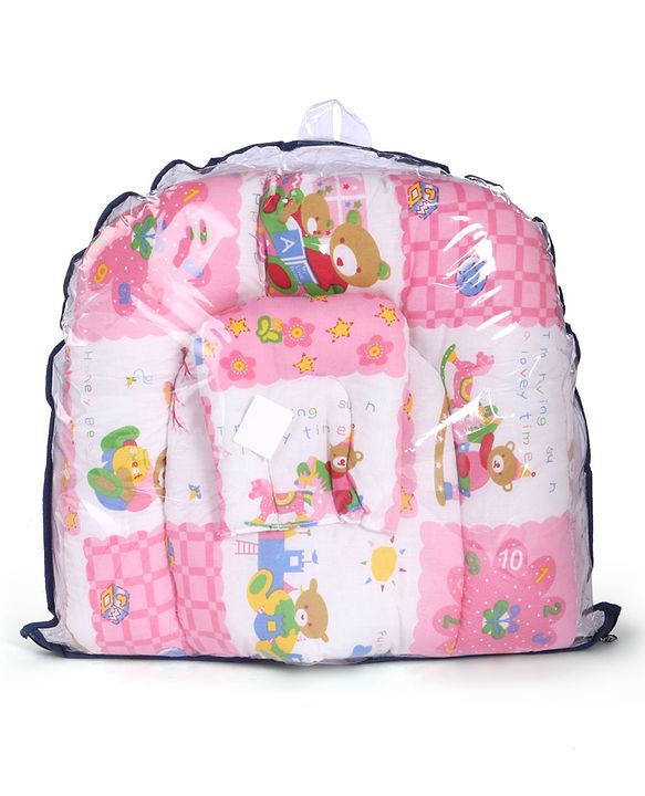 Babyhug Cotton Blend Mosquito Net With Mattress And Pillow Pink - Multi Print