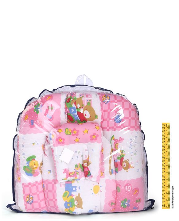 Babyhug Cotton Blend Mosquito Net With Mattress And Pillow Pink - Multi Print