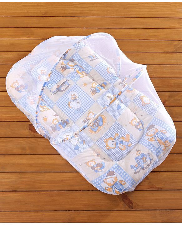 Babyhug Cotton Mosquito Net With Mattress Printed - Blue