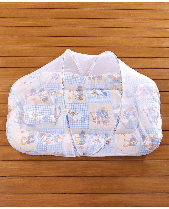 Babyhug Cotton Mosquito Net With Mattress Printed - Blue