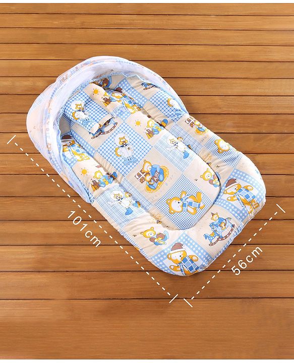 Babyhug Cotton Mosquito Net With Mattress Printed - Blue