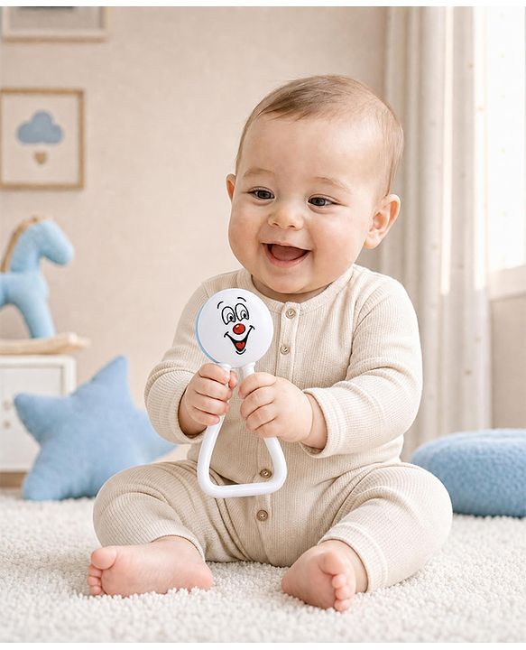 Babyhug Joy Rattle with Vibrant Color & Delightful Rattling Sound|Lightweight, Easy-to-Hold Rattle for Sensory|Motor Skill & Cognitive Development|Safe & Durable Material|3+ Months|BIS|White & Blue