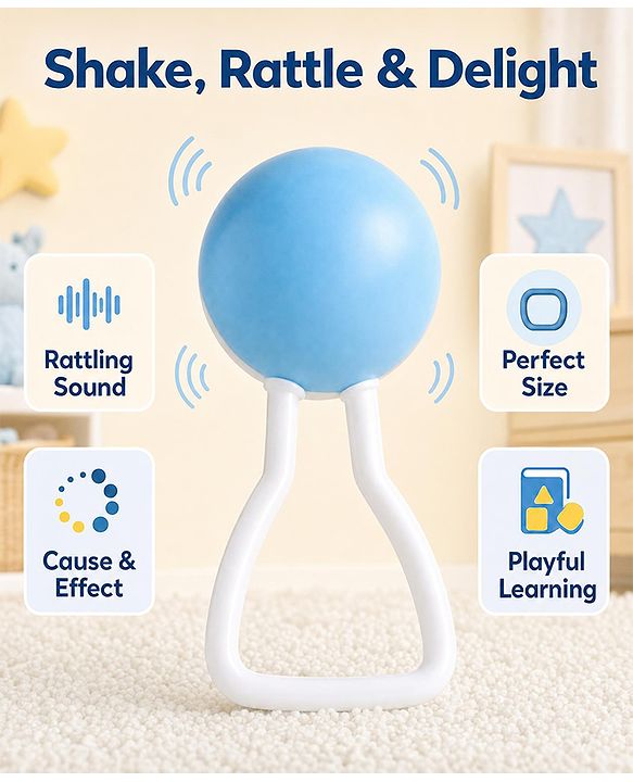 Babyhug Joy Rattle with Vibrant Color & Delightful Rattling Sound|Lightweight, Easy-to-Hold Rattle for Sensory|Motor Skill & Cognitive Development|Safe & Durable Material|3+ Months|BIS|White & Blue