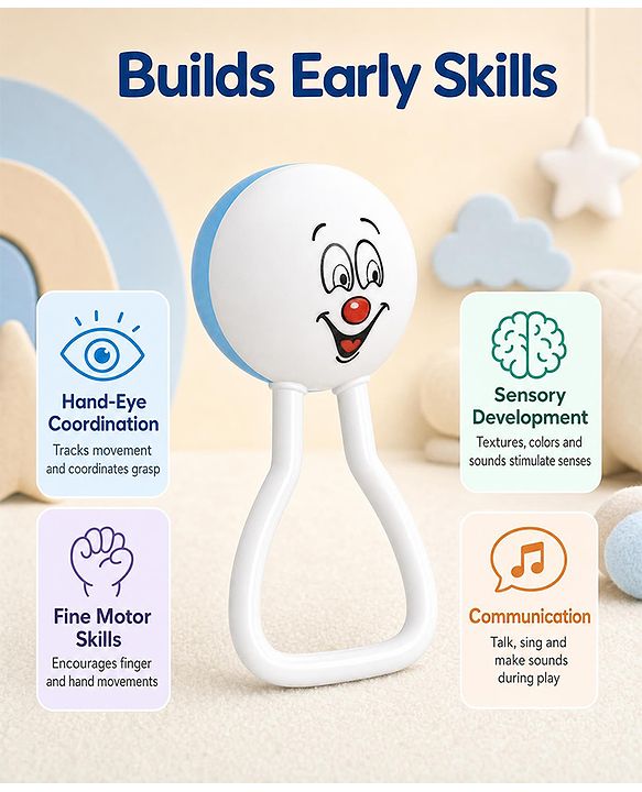 Babyhug Joy Rattle with Vibrant Color & Delightful Rattling Sound|Lightweight, Easy-to-Hold Rattle for Sensory|Motor Skill & Cognitive Development|Safe & Durable Material|3+ Months|BIS|White & Blue