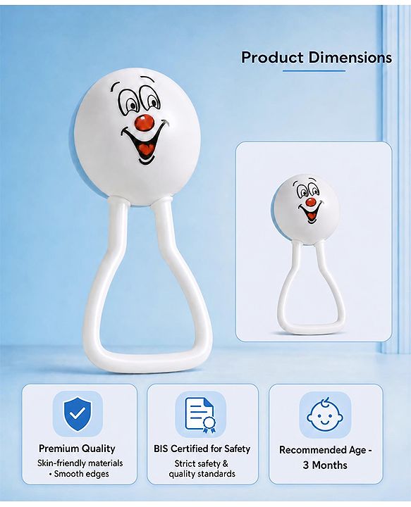 Babyhug Joy Rattle with Vibrant Color & Delightful Rattling Sound|Lightweight, Easy-to-Hold Rattle for Sensory|Motor Skill & Cognitive Development|Safe & Durable Material|3+ Months|BIS|White & Blue