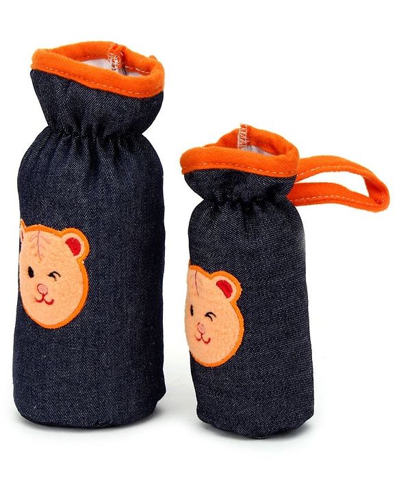 Babyhug Velour Bottle Cover Denim Bear Face Motif Set of 2 - Assorted Colours
