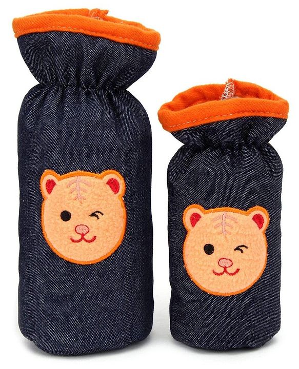 Babyhug Velour Bottle Cover Denim Bear Face Motif Set of 2 - Assorted Colours