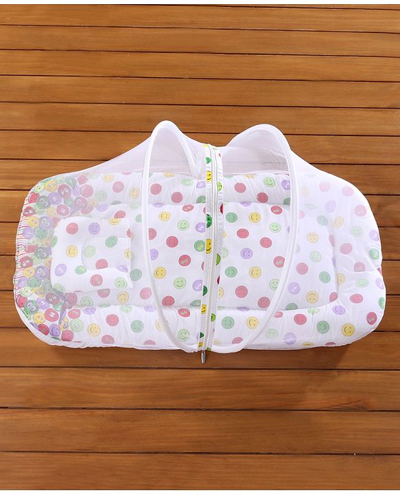 Babyhug Cotton Bedding Set with Mosquito Net Smiley Print - White Base