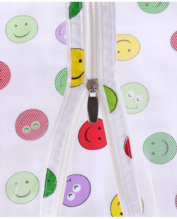 Babyhug Cotton Bedding Set with Mosquito Net Smiley Print - White Base