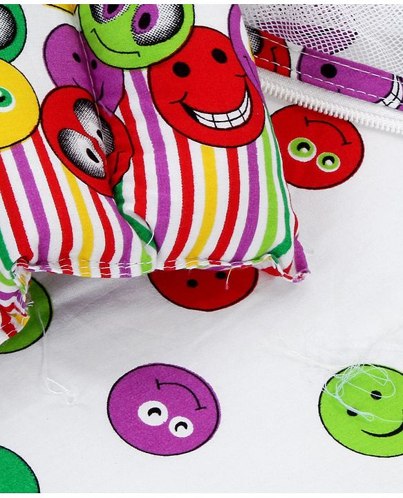 Babyhug Cotton Bedding Set with Mosquito Net Smiley Print - White Base