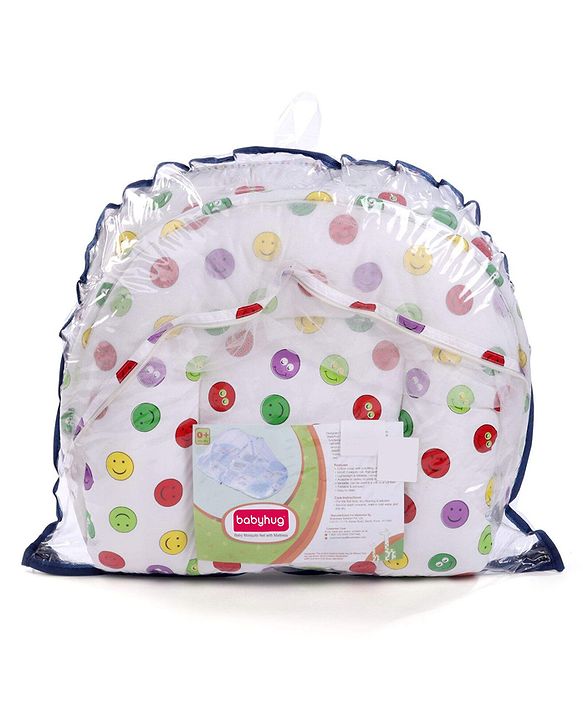 Babyhug Cotton Bedding Set with Mosquito Net Smiley Print - White Base
