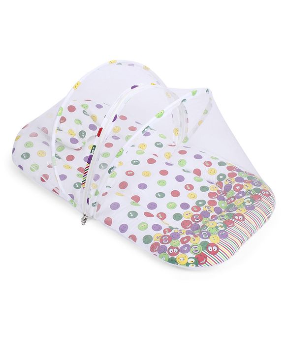 Babyhug Cotton Bedding Set with Mosquito Net Smiley Print - White Base