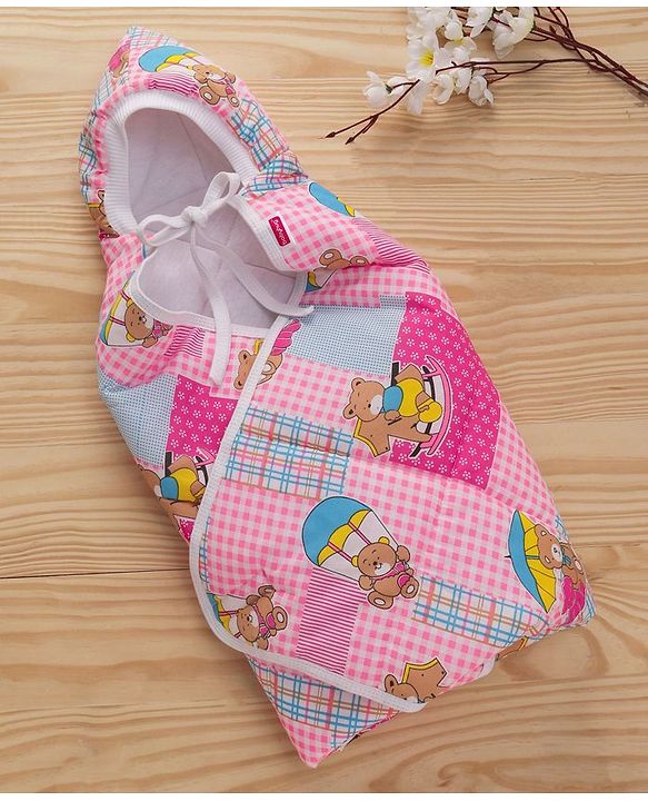 Babyhug Hooded Quilted Wrapper Teddy Bear Print - Pink