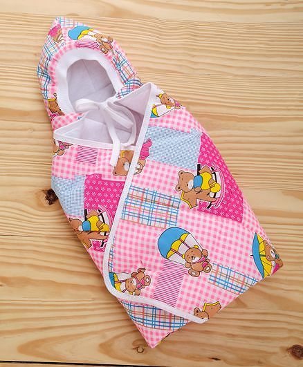 Babyhug Hooded Quilted Wrapper Teddy Bear Print - Pink