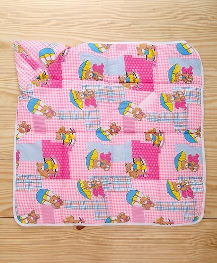 Babyhug Hooded Quilted Wrapper Teddy Bear Print - Pink