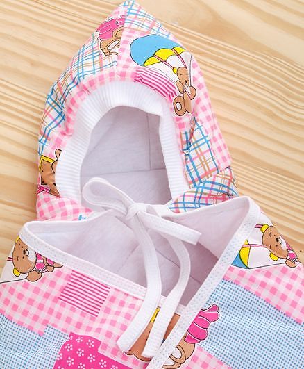 Babyhug Hooded Quilted Wrapper Teddy Bear Print - Pink